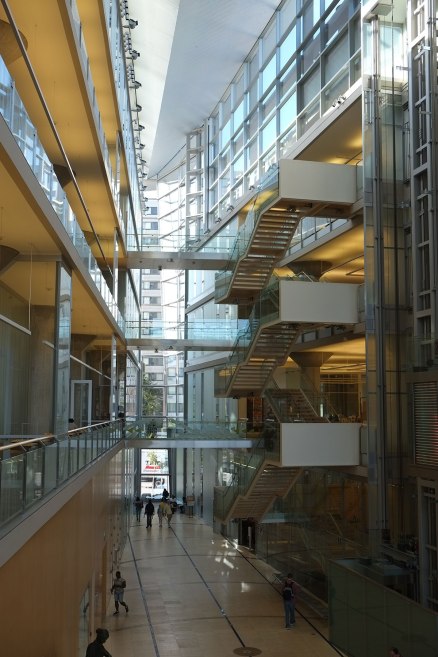 the downtown library, by Cesar Pelli. The linear atrium has clerestory windows which bounce light in off the big wedge floating above.