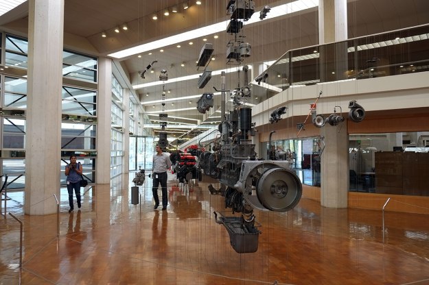 in the lobby of the headquarters, a huge open office landscape building, which takes off from Wright's Johnson Wax building, with its skylights integrated with the structural grid
