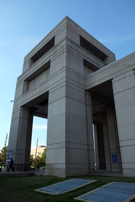 a portico on a state office building, remarkably overscaled, ponderous and pointless