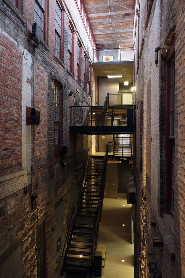 a stairwell between two buildings