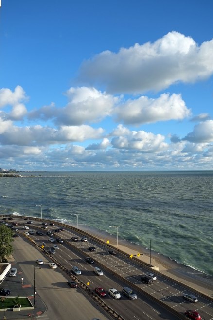 the natural elements of Chicago: sky, water, and traffic